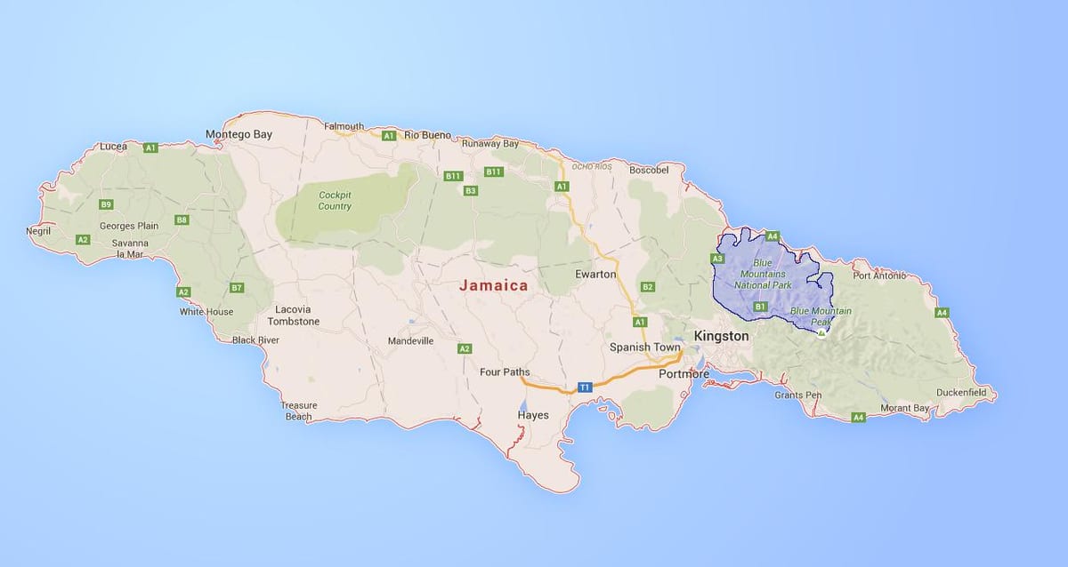 Kort over blue mountains jamaica