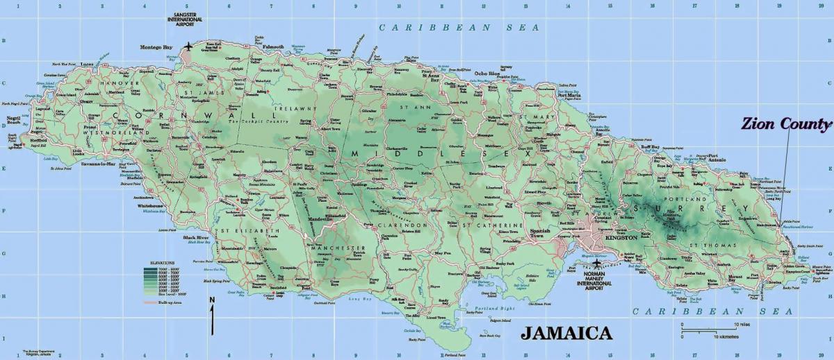 fysisk kort af jamaica, som viser bjerge