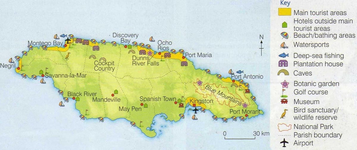 Kort over jamaica, der viser resort områder