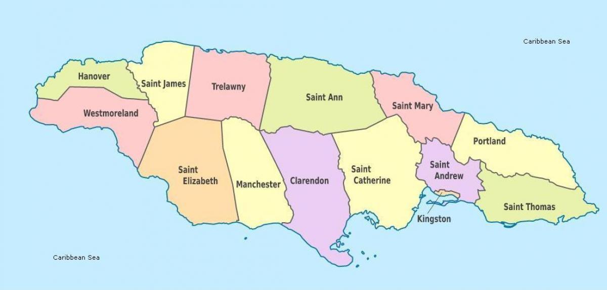 et kort over jamaica med sogne og hovedstæder